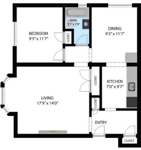 Floor plan for 1 bed, 1 bath, 718 sqft